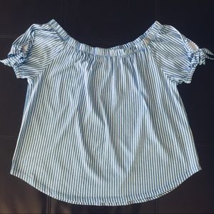 💜 3 for $12 H&M Blue and White Striped Off Shoulder Top NWOT